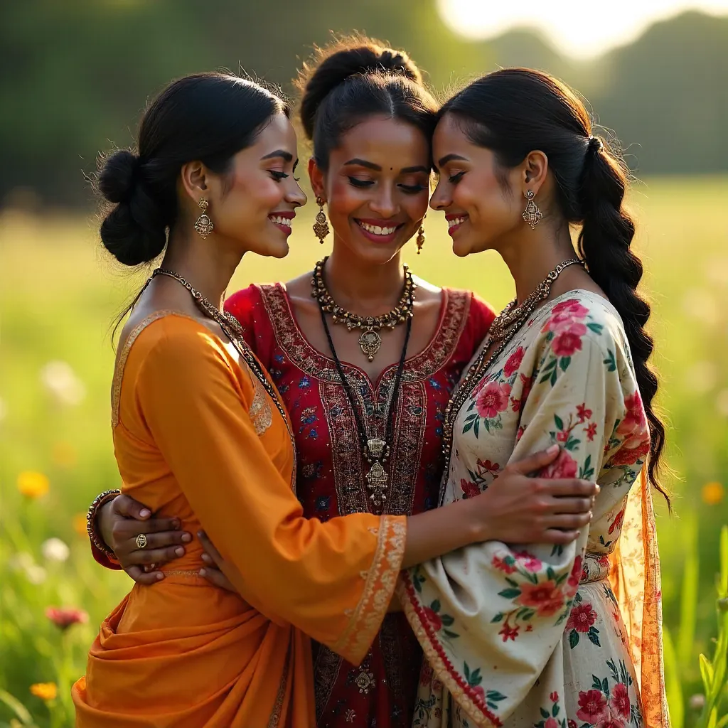 Three Women Embracing in Colorful Traditional Attire