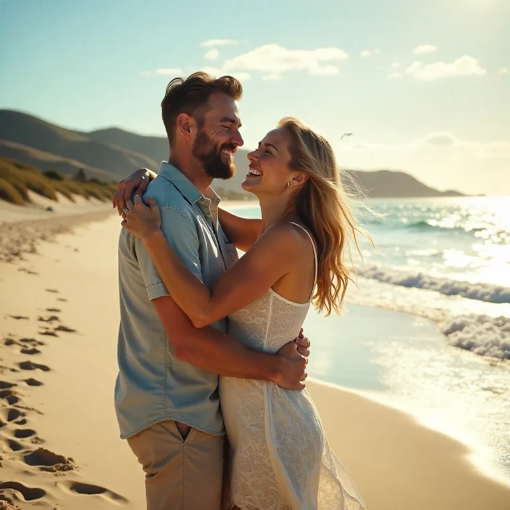 Joyful Embrace on a Beach with Scenic Hills