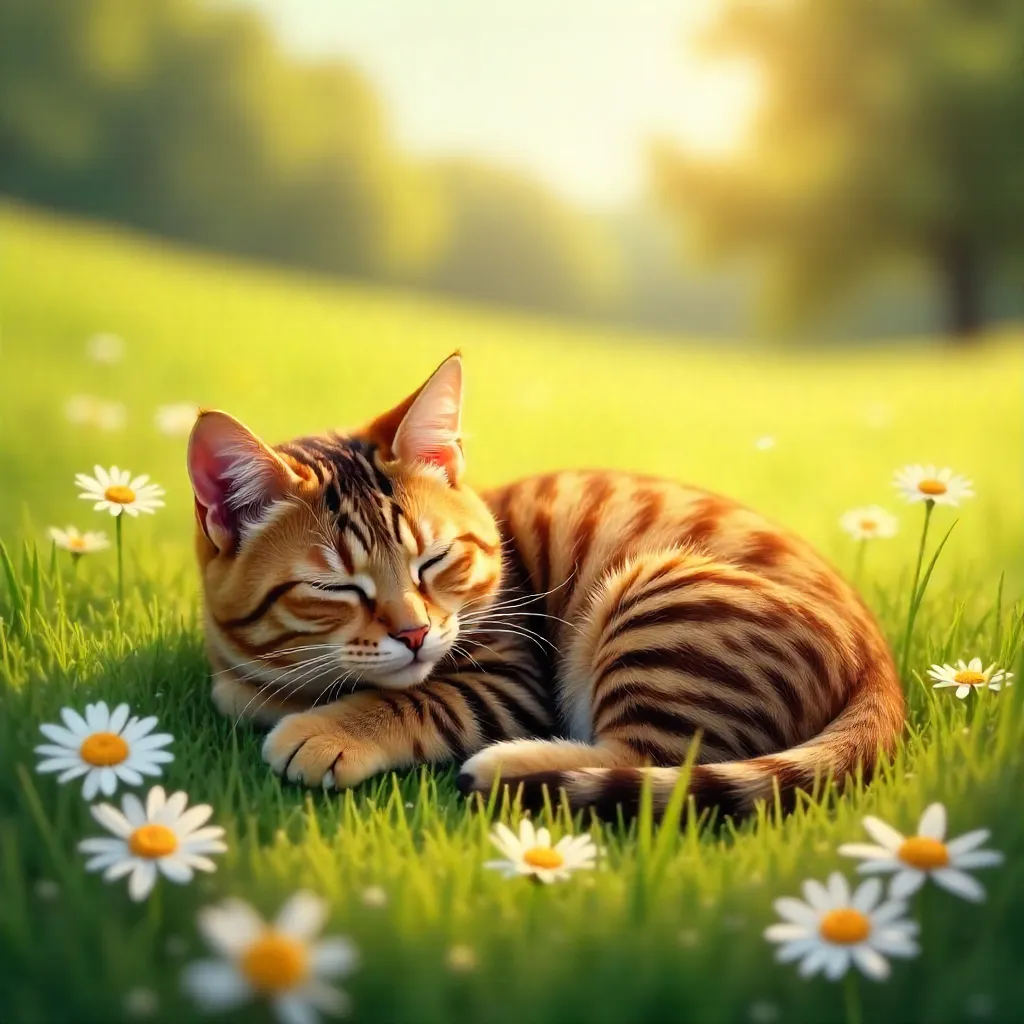 Peaceful Tabby Napping in a Daisy Field