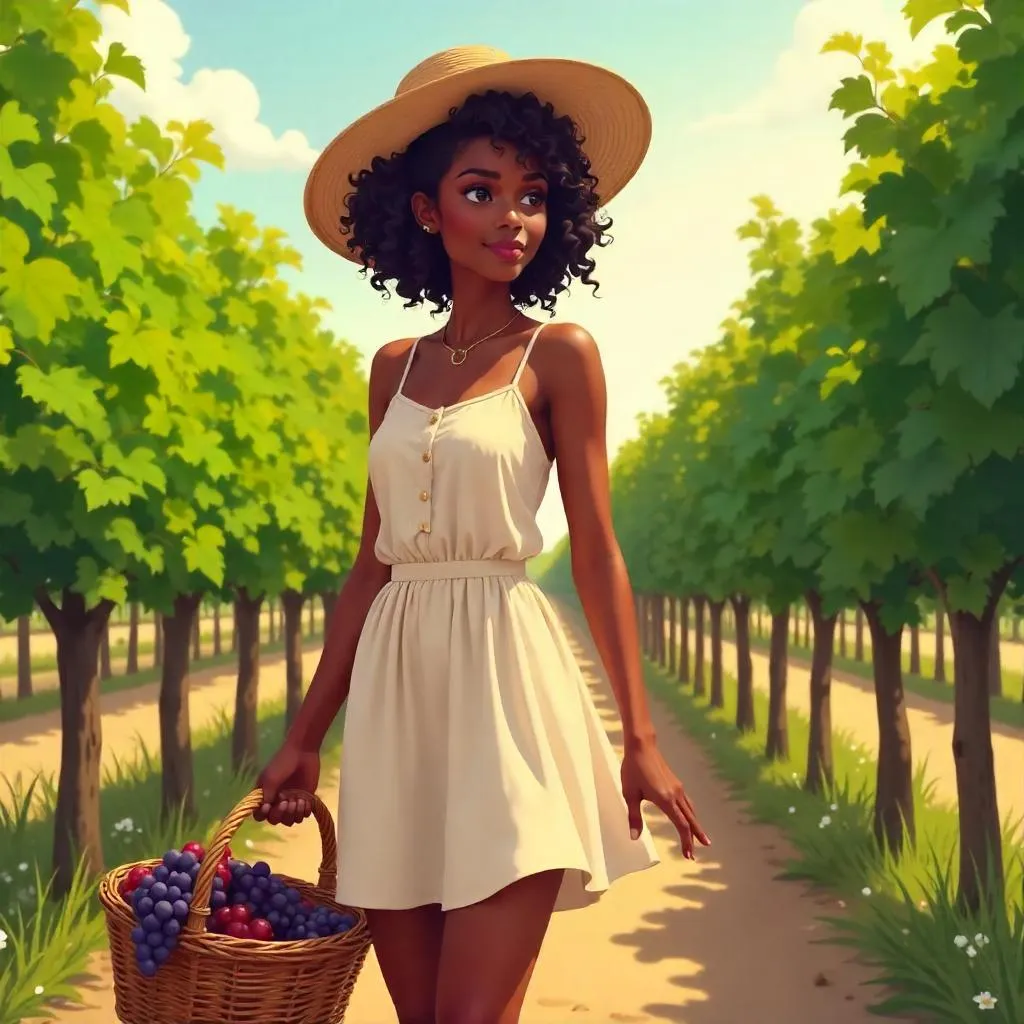 Sunlit Vineyard Portrait: Anime-Style Black Woman