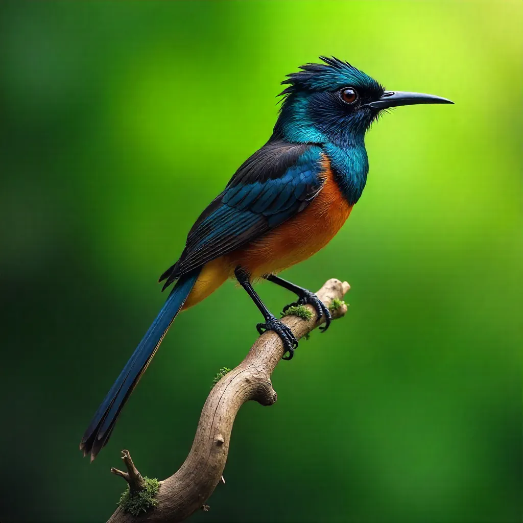 Paradise Flycatcher on a Twisted Branch in Emerald Green