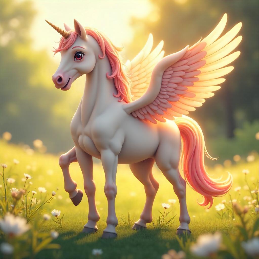 Photographic Anime Pegasus in Sunset Meadow