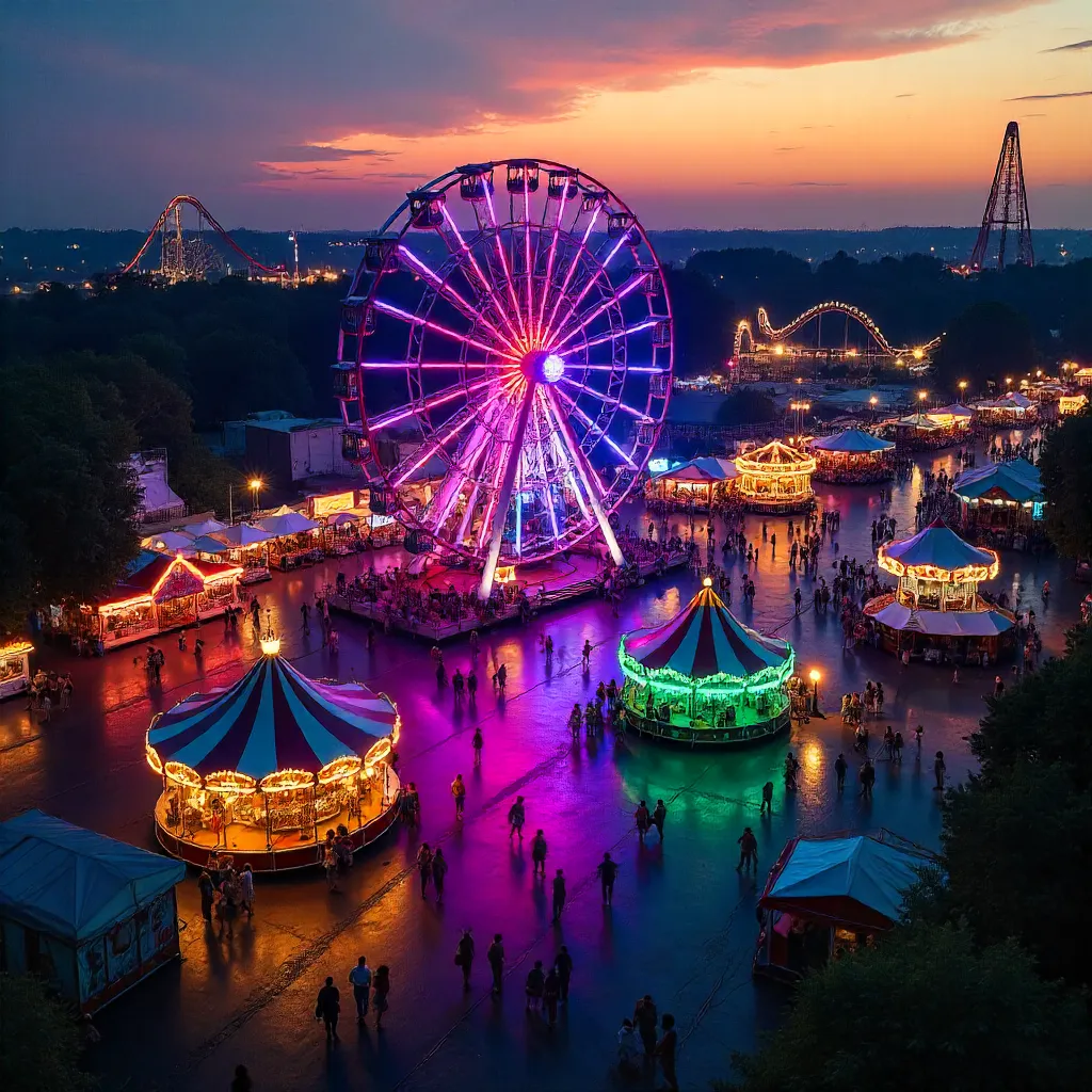 Aerial View of a Vibrant Ferris Wheel Fairground