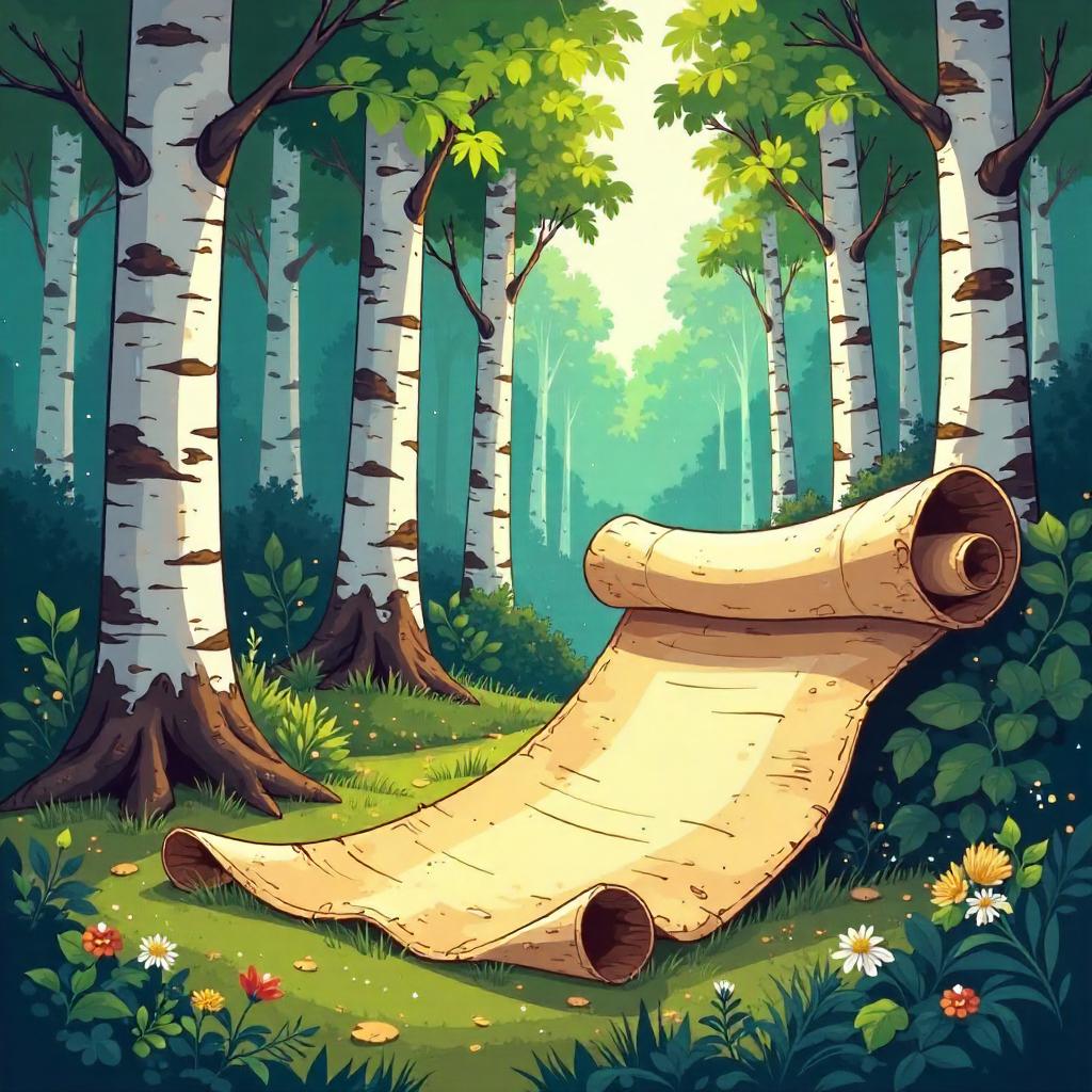 Ancient Scroll in Birch Forest - Cartoon Scene