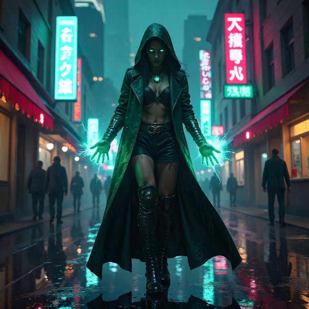 Neon Rain Sorceress in a Cyberpunk City