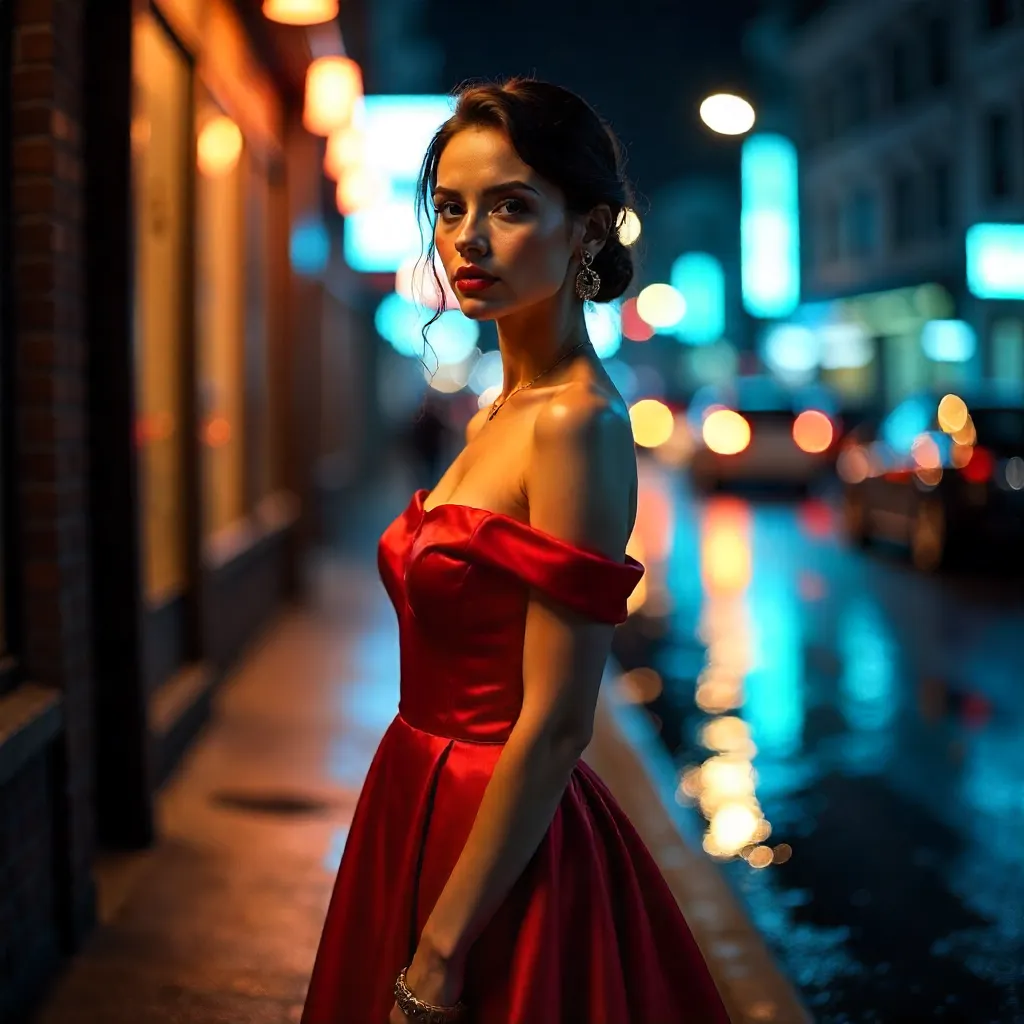 Midnight Crimson: Elegant Night-Time Fashion Portrait