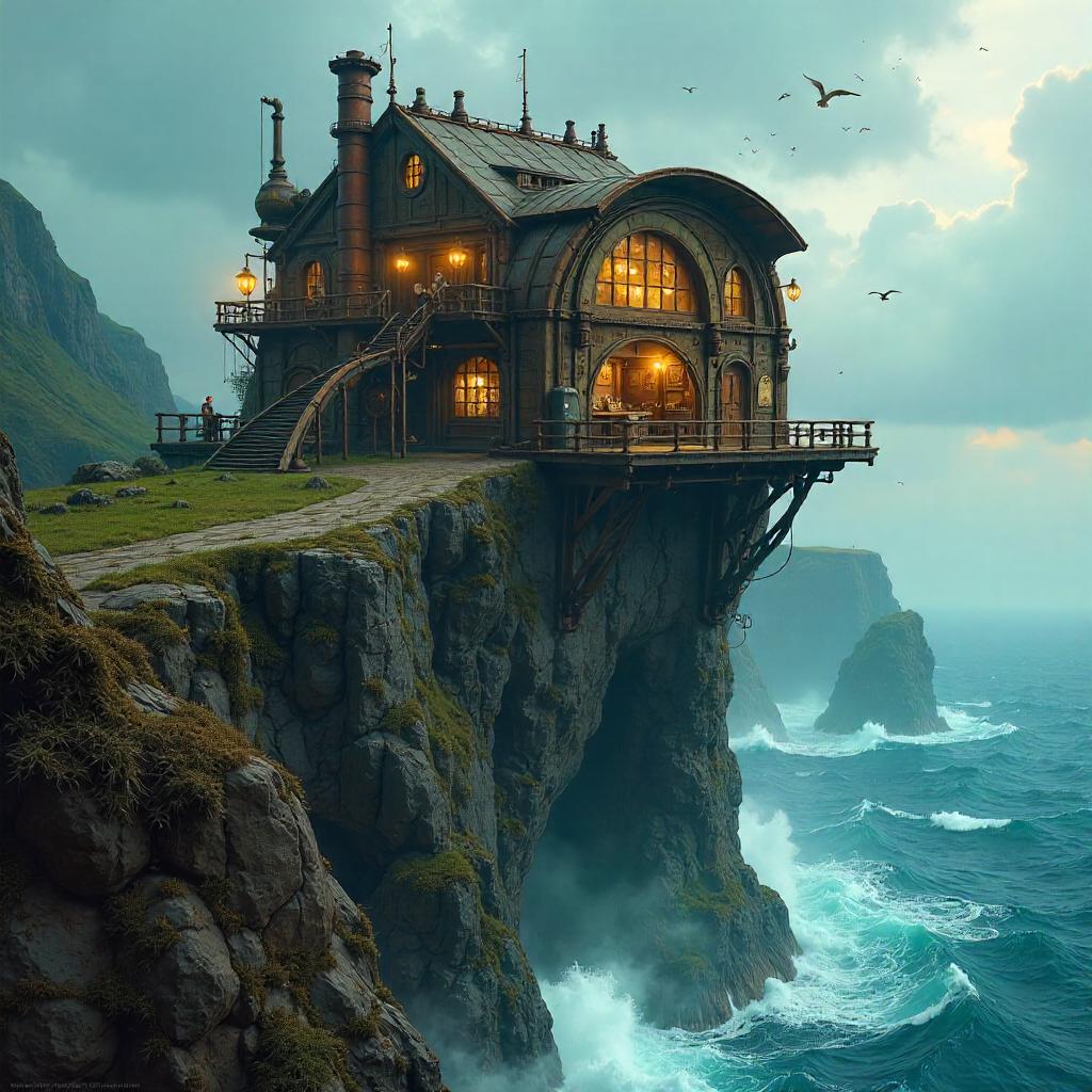 Cliffside Steampunk Workshop Concept Art