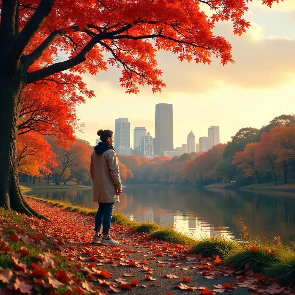 Autumn in a Japanese Park: City Skyline Backdrop