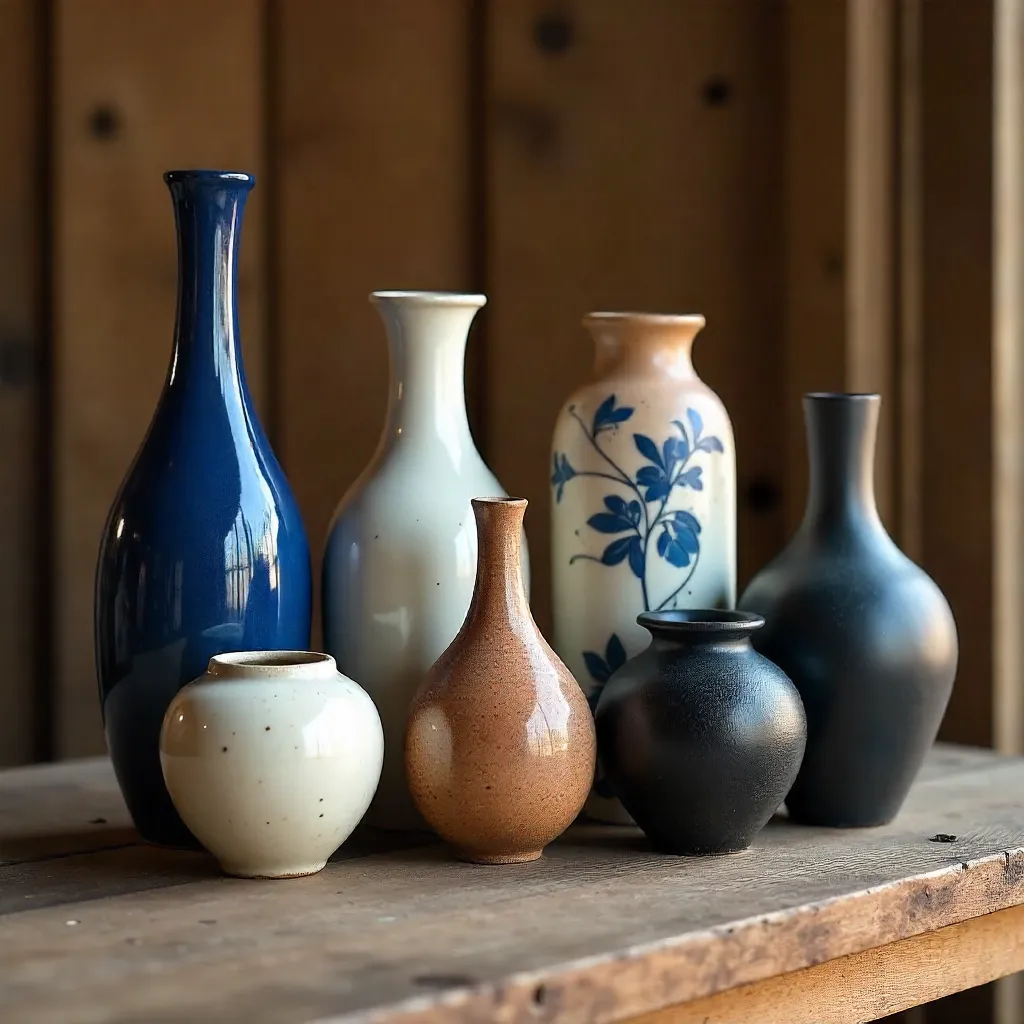 Textured Ceramic Vase Collection on Rustic Wood