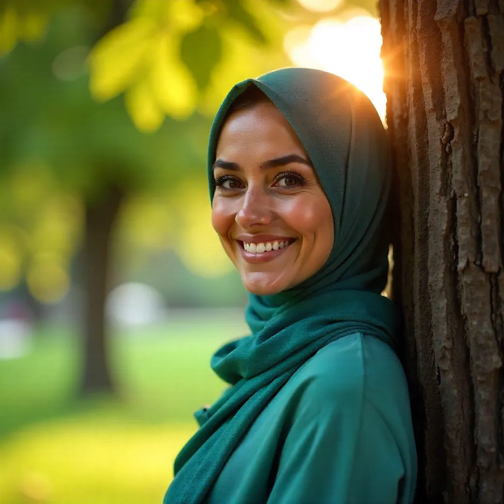 Golden Hour Hijab Portrait: Warm Smile Behind a Tree