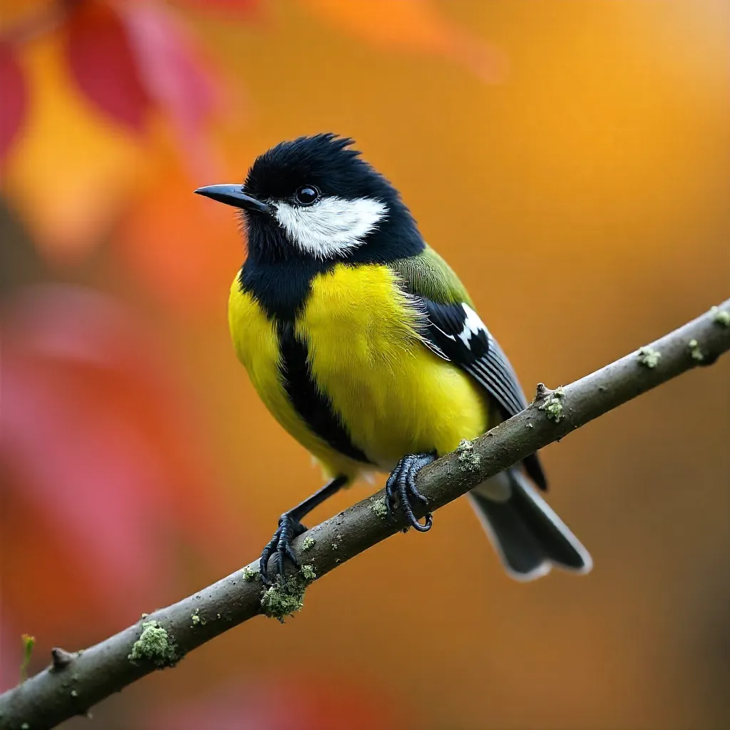 Great Tit on Lichen Branch in Autumn Light