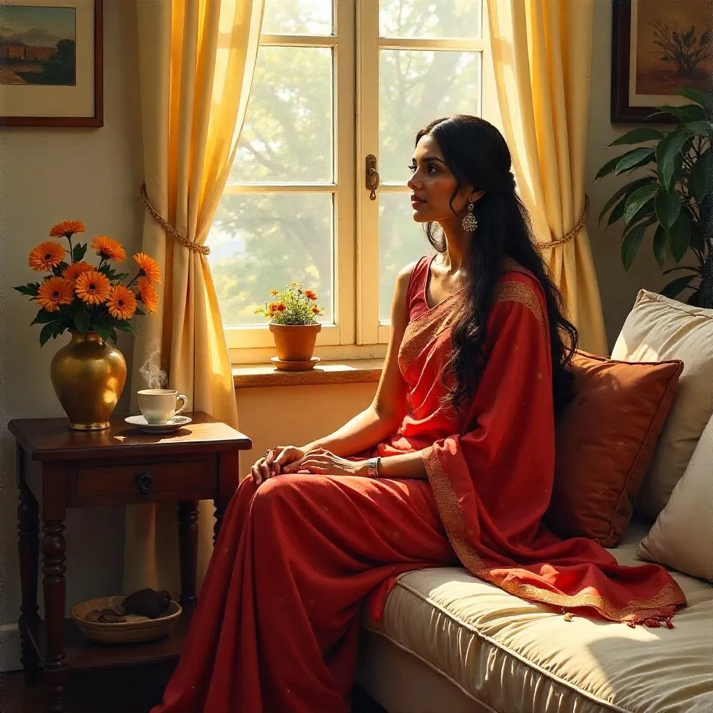 Radiant Indian Woman in an Oil Painting at Home