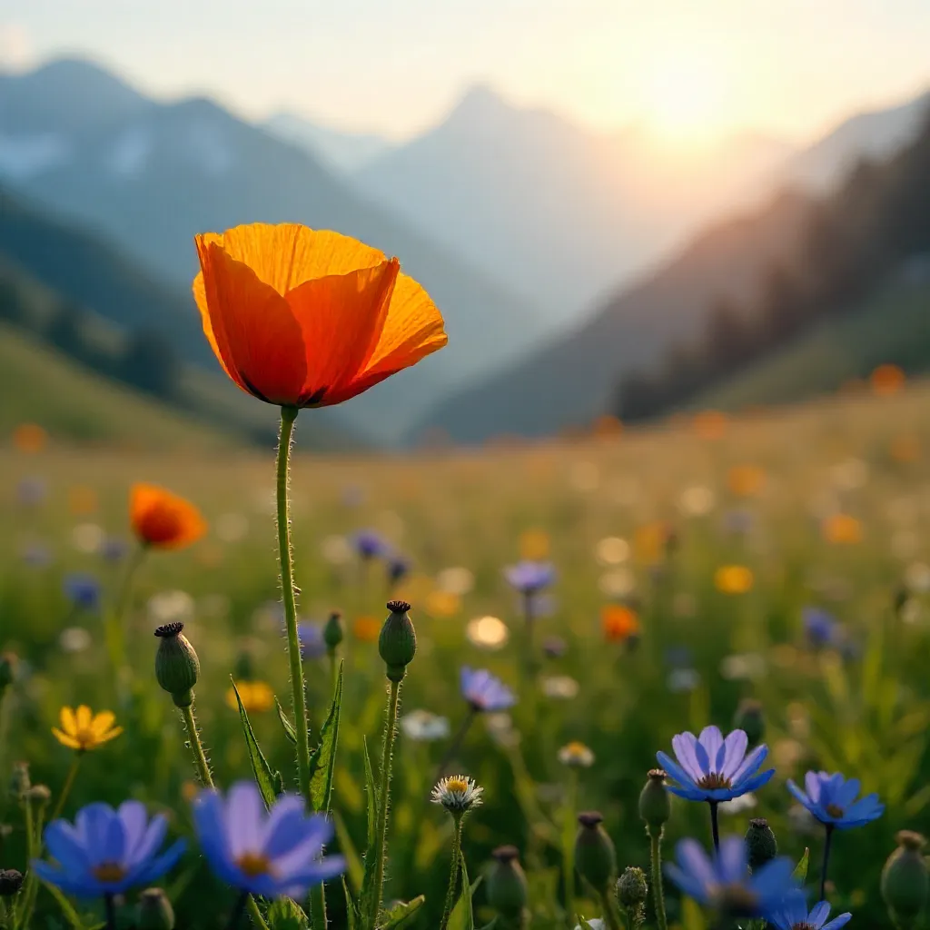 Vivid Orange Poppy in a Misty Spring Meadow