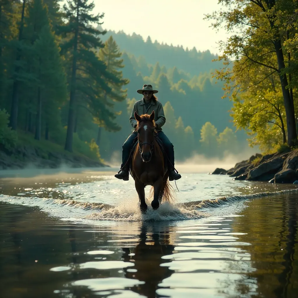 Rider Crossing a Serene River Under Lush Forest