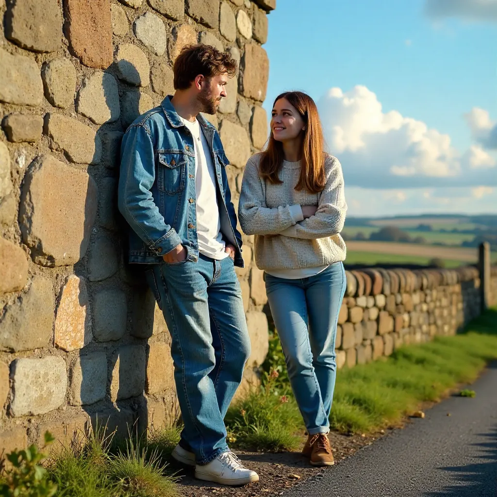 Two People Leaning by a Stone Wall Under Blue Sky