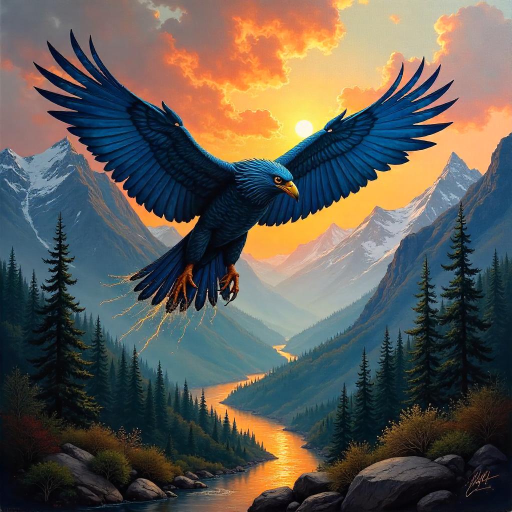 Thunderbird Over the Mountain Valley in Oil