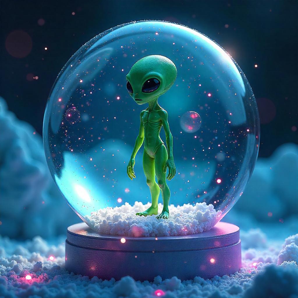 Glowing Alien in a Neon Snow Globe
