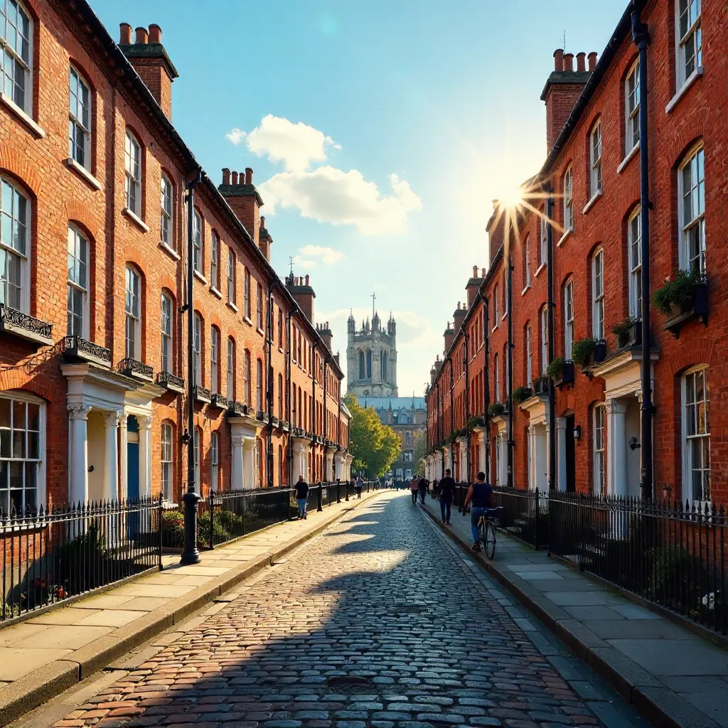 Sunlit York Street: Historic Brick Facades Under a Blue Sky