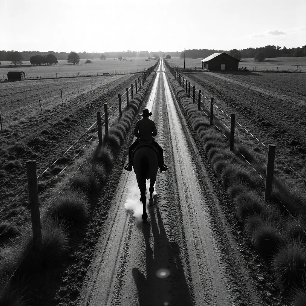 Aerial Black-and-White Ride on Rural Dirt Road