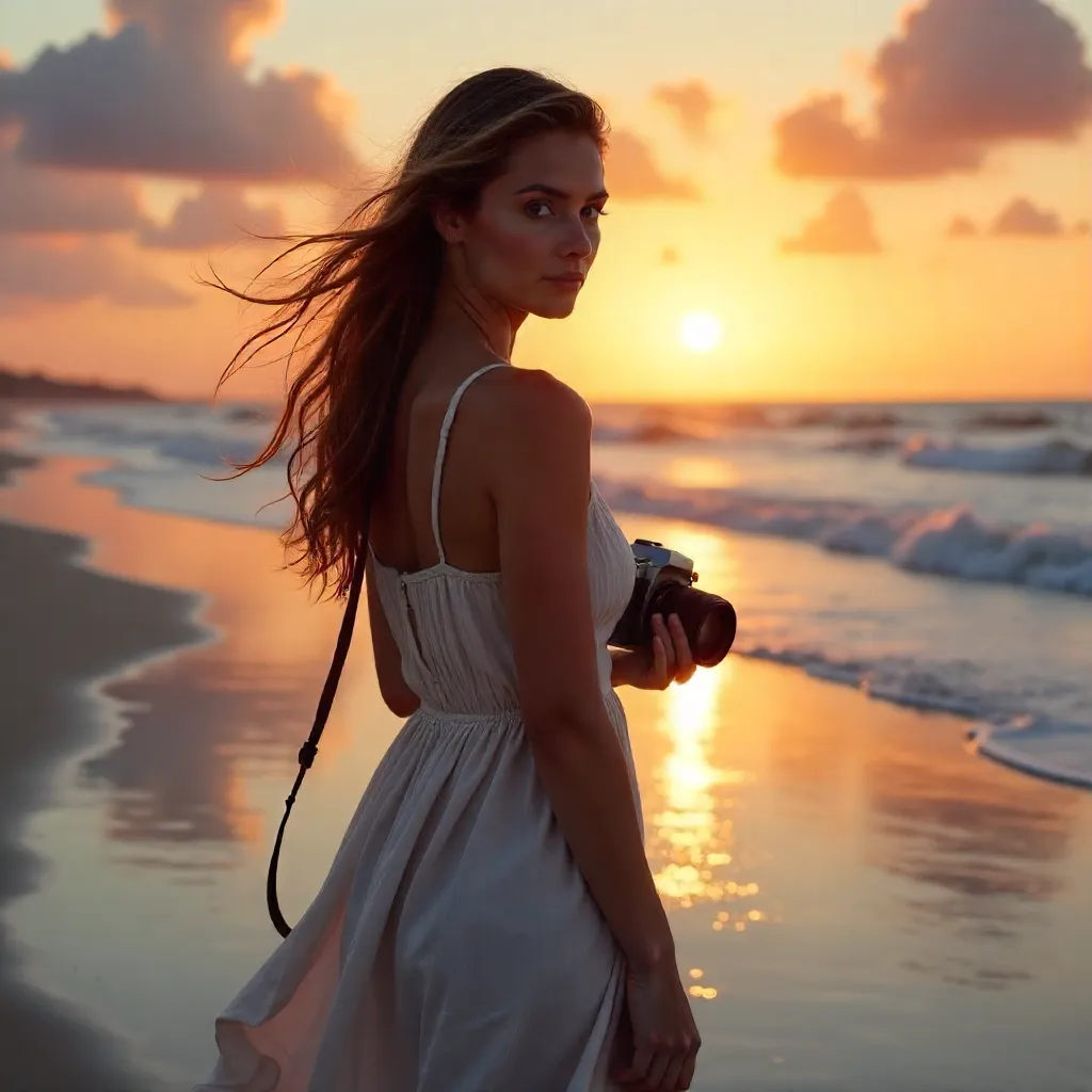 Golden Hour Portrait: Woman with Camera by the Beach