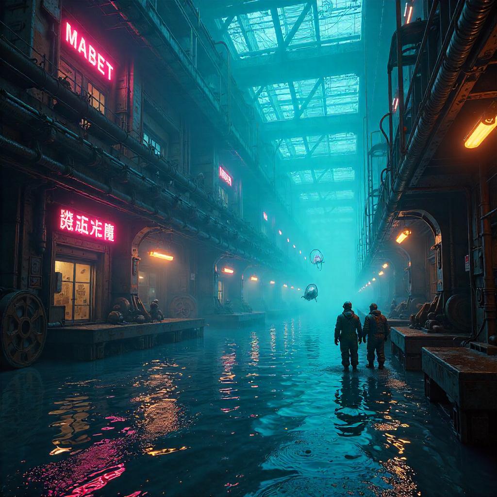 Neon Ocean Inside a Cyberpunk Gear Factory