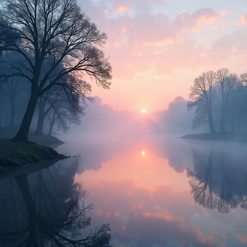 Silhouetted Trees and Sunrise Mist Over River