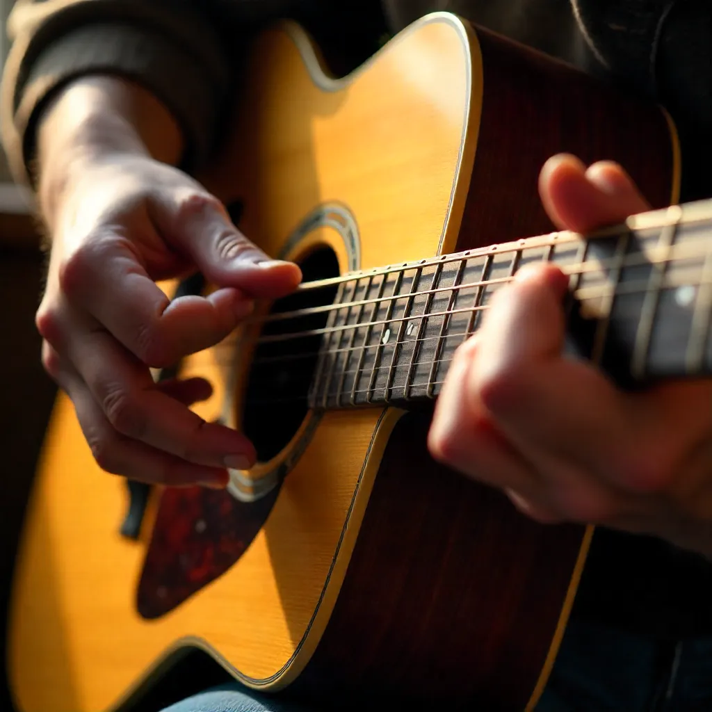 Close-Up of Hands Strumming an Acoustic Guitar