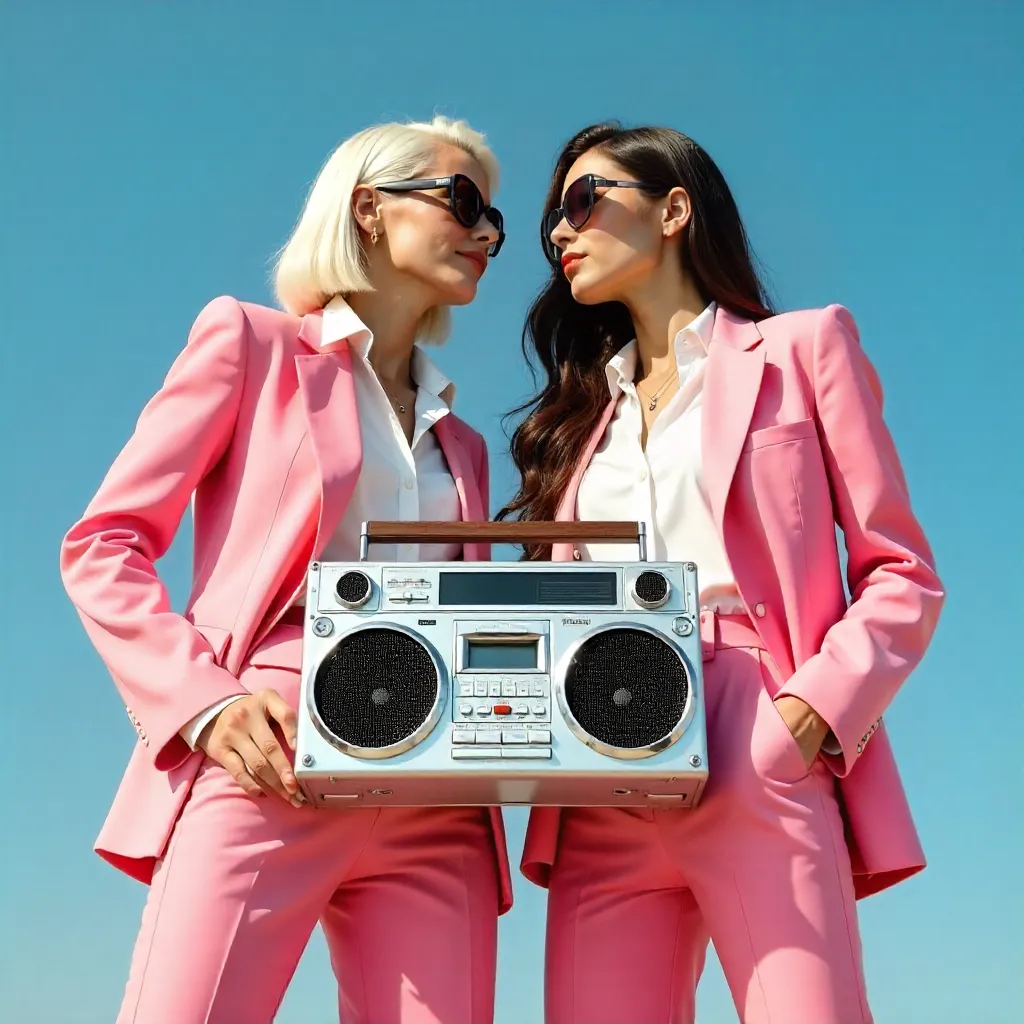 Pink Suits and Boombox Duo in a Clear Sky