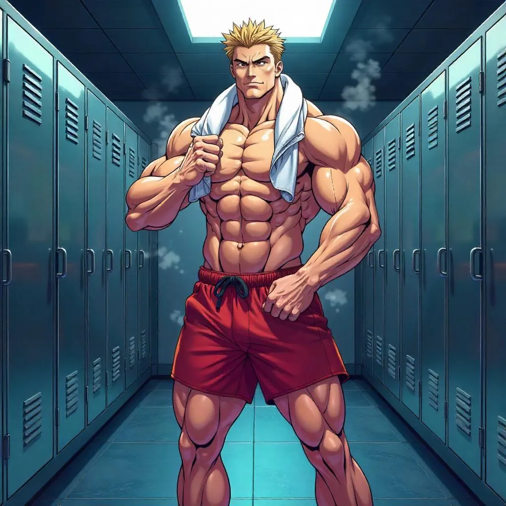 Confident Anime White Man in a Locker Room
