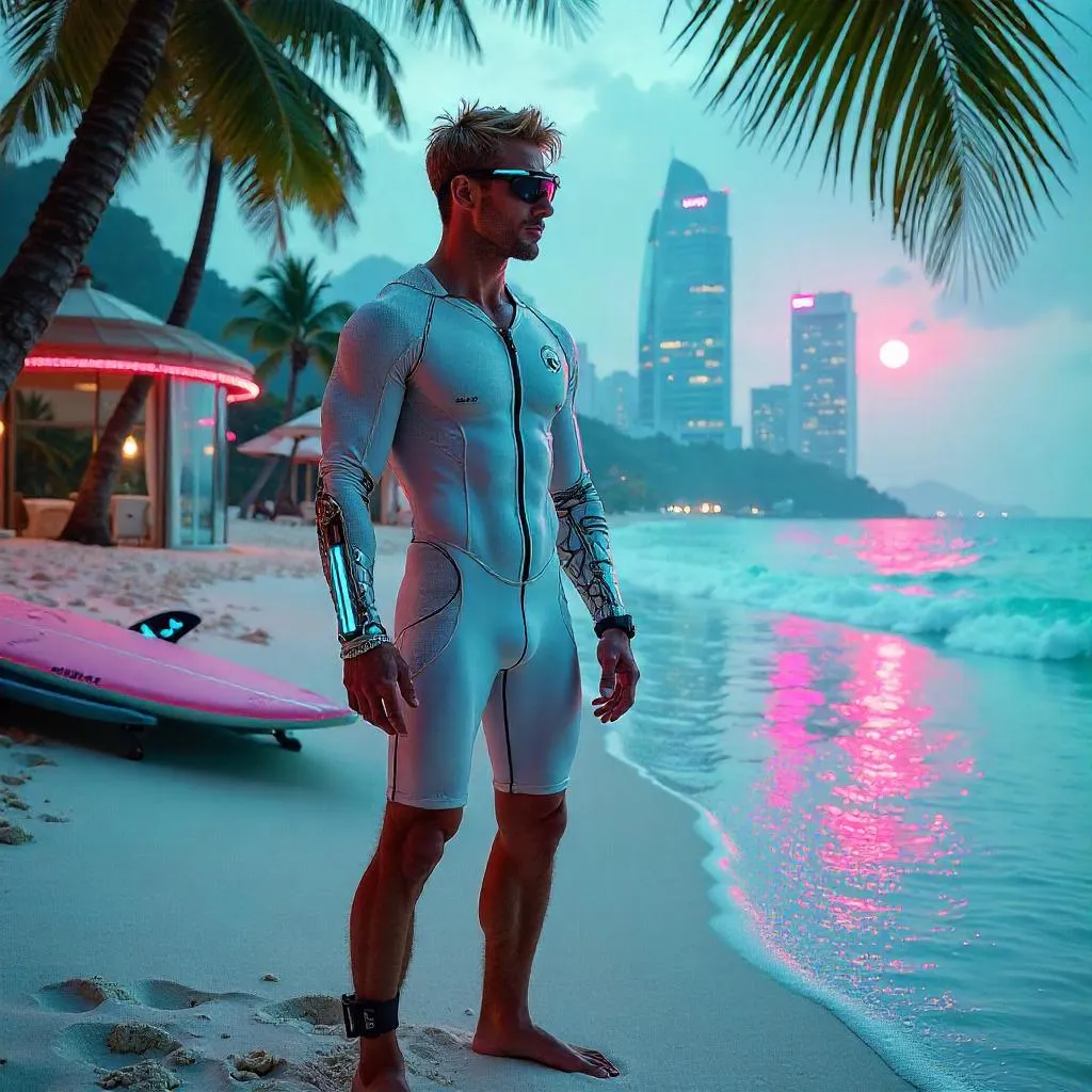 Neon Beach Warrior at a Cyberpunk Resort