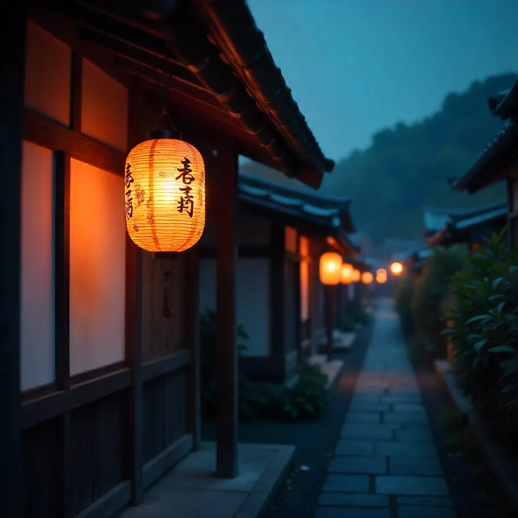 Illuminated Lantern Outside a Traditional Japanese Building