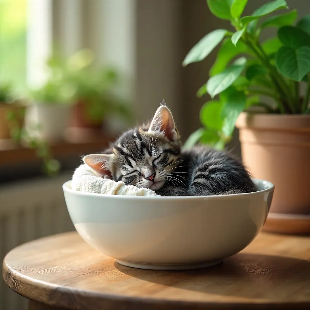 Sleepy Gray Kitten in a Ceramic Bowl