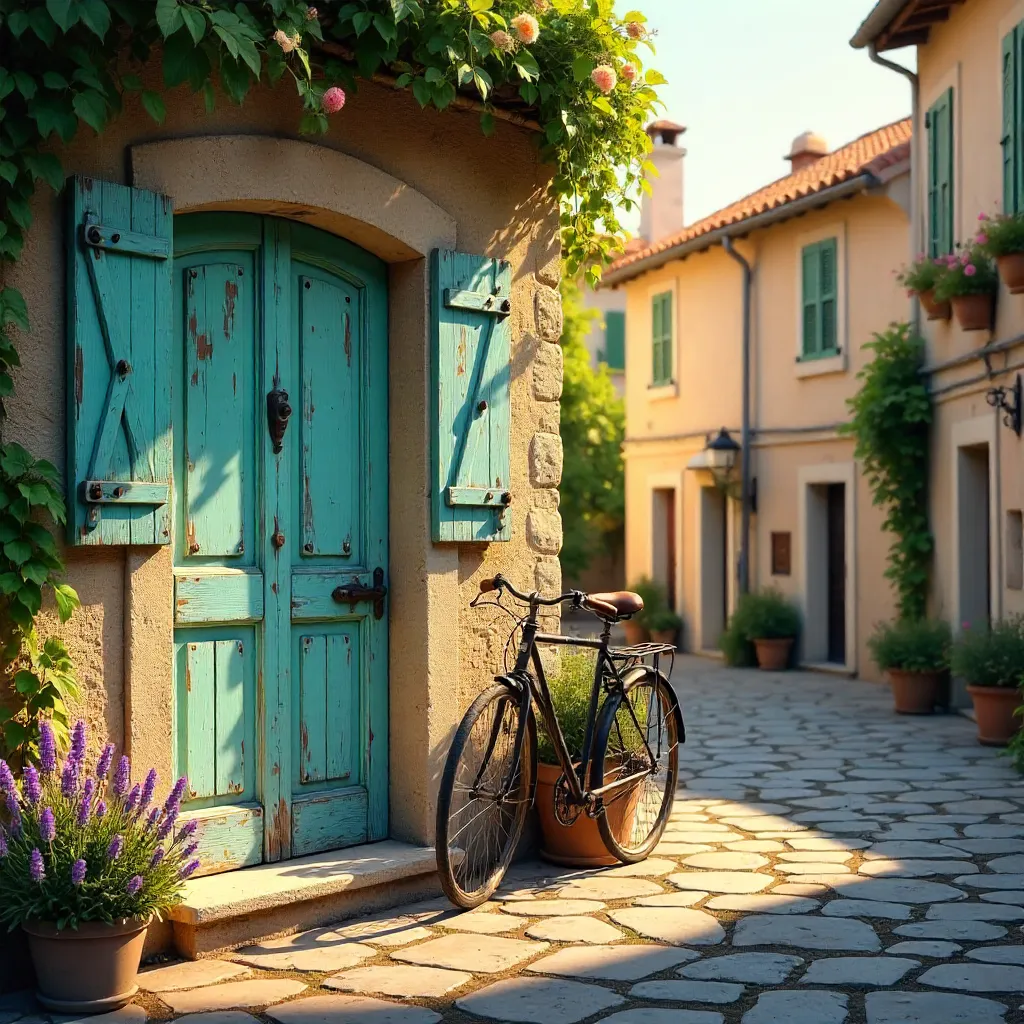 Rustic French Door, Shutters and Bicycle Scene