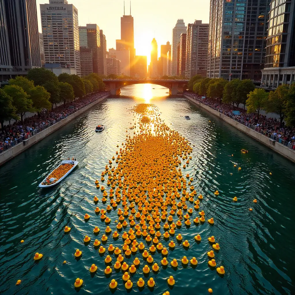 Aerial Ducky Parade Over Chicago River