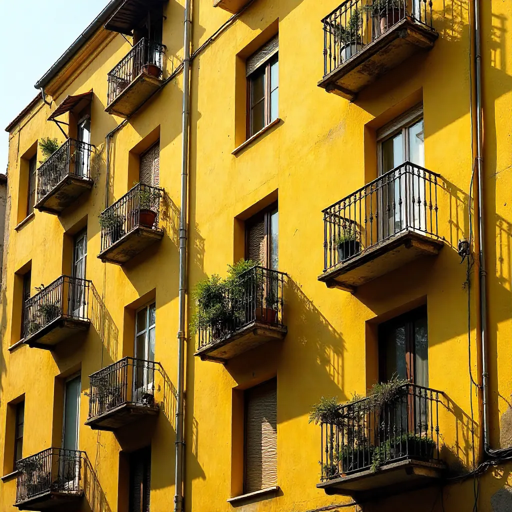 Yellow Urban Facade: Balconies and Windows