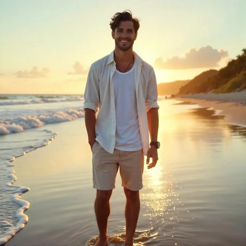 Photorealistic Latino Man on Beach at Golden Hour
