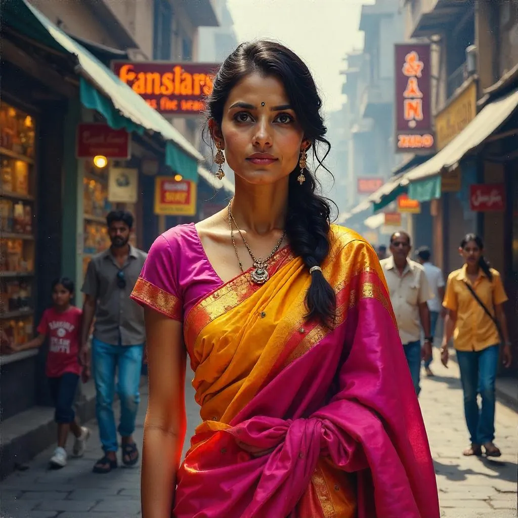 Oil Portrait of an Indian Woman on a City Street