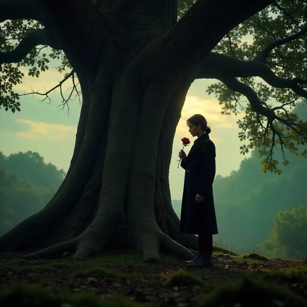 Crimson Rose by the Ancient Tree at Dusk