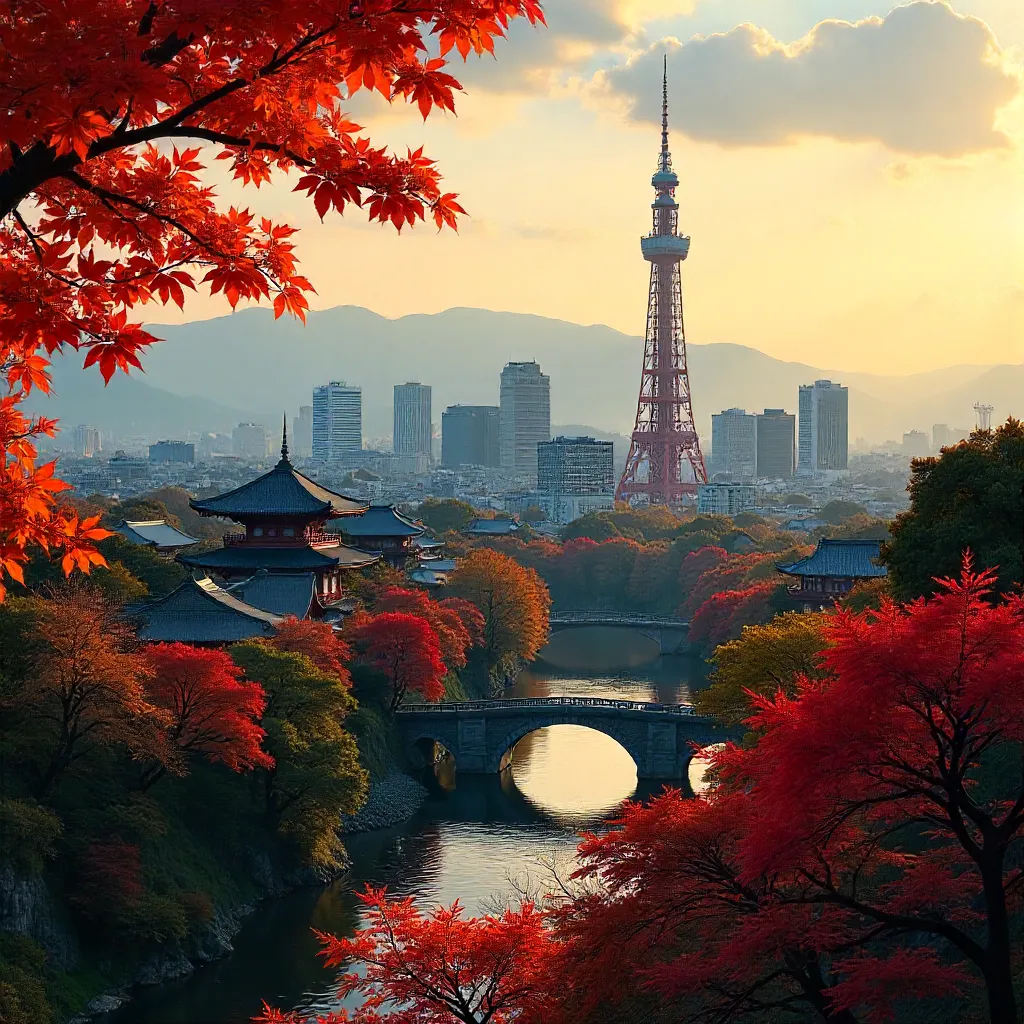 Kyoto Skyline at Golden Hour: Kyoto Tower and Autumn Leaves