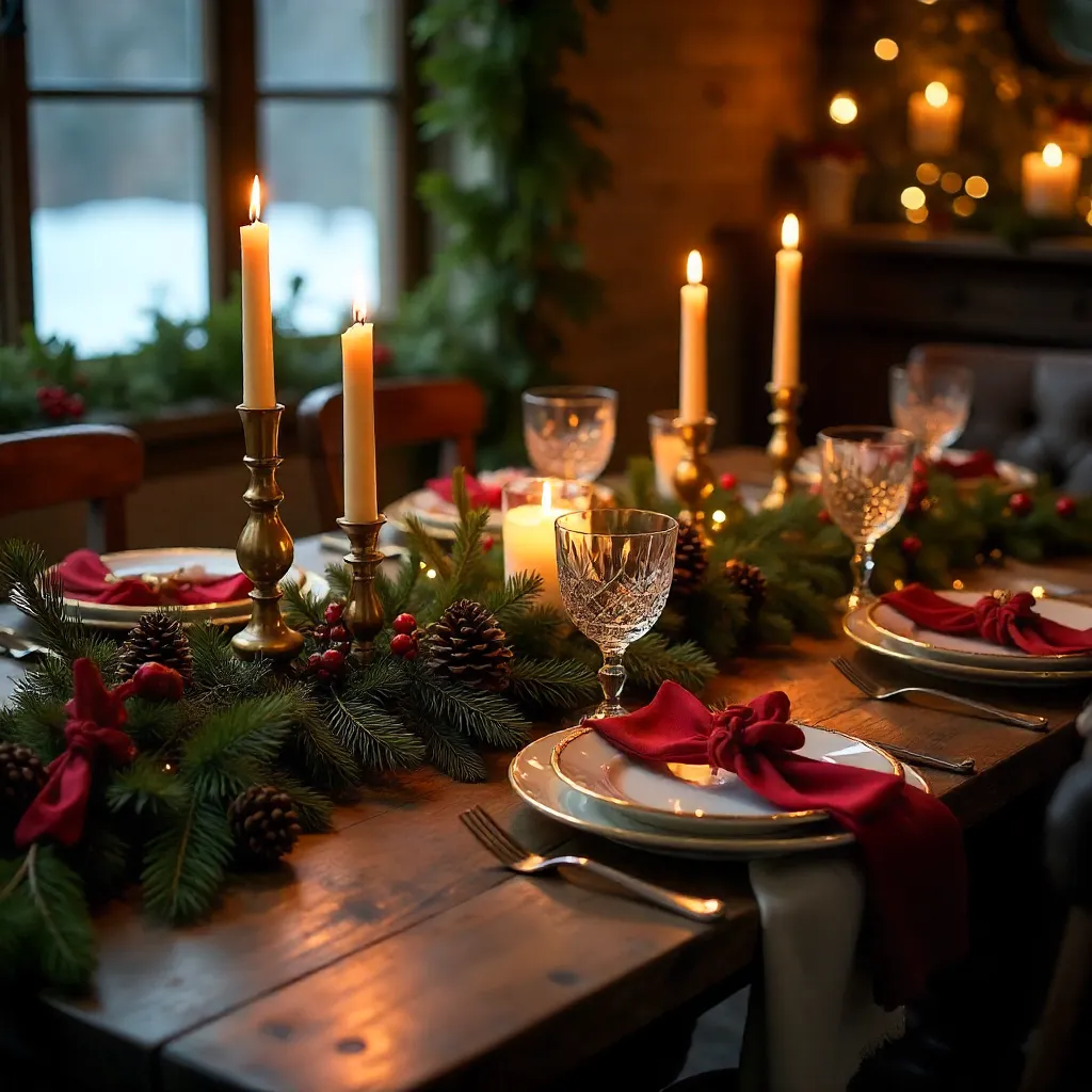 Candlelit Holiday Table with Greenery and Red Ribbons