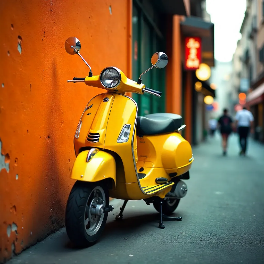 Yellow Scooter by a Vivid Orange City Wall