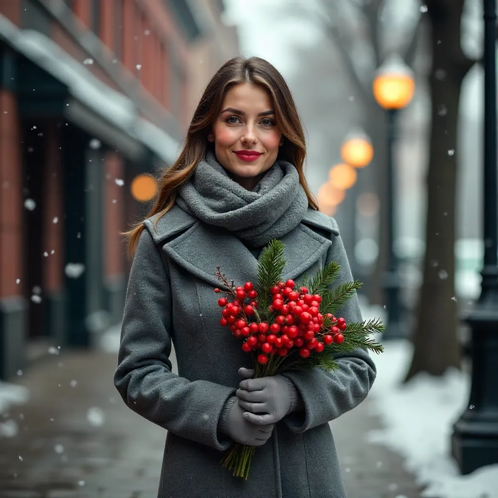 Winter Street Portrait: Gray Coat & Berry Bouquet