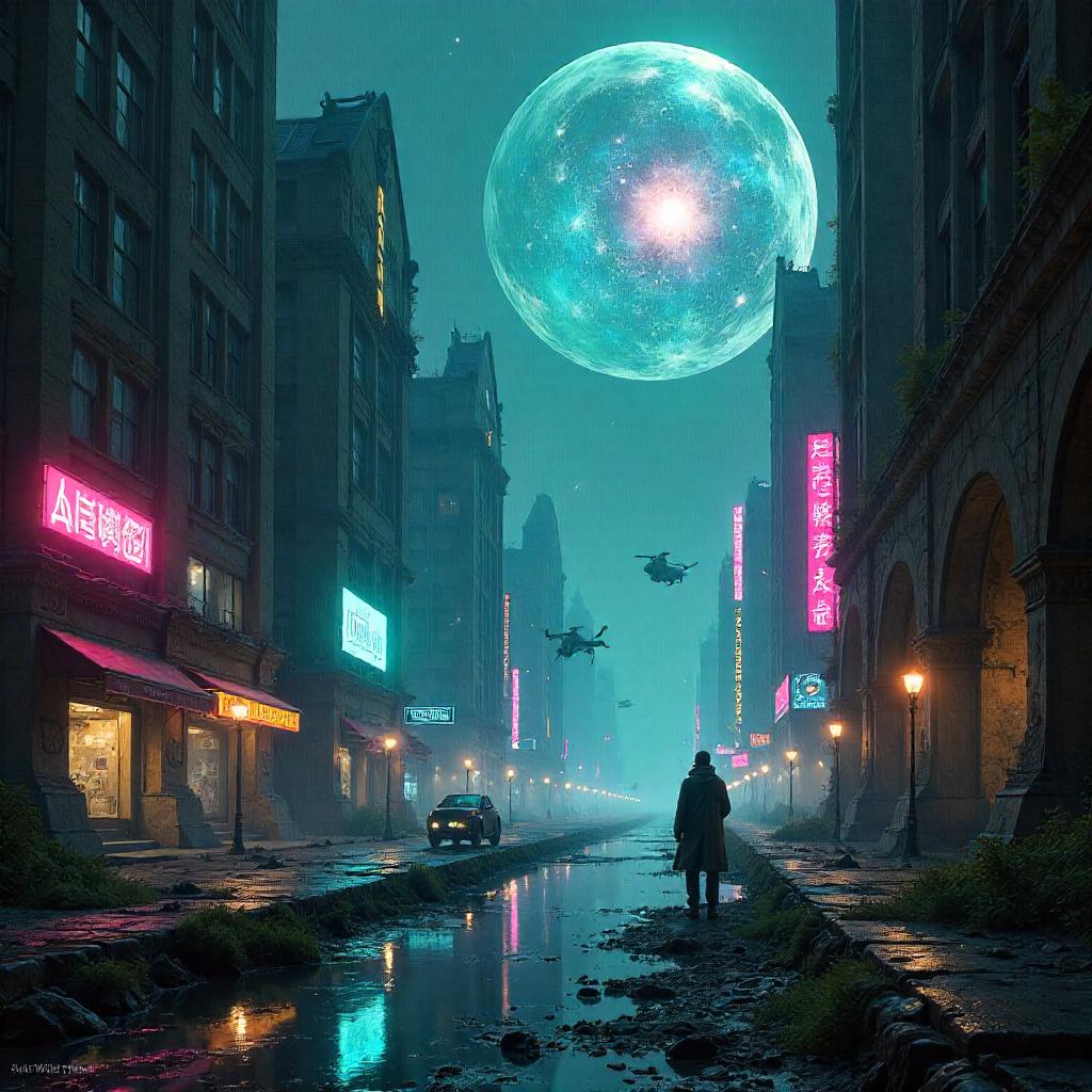 Galaxy Over a Lost Neon Cyberpunk Cityscape