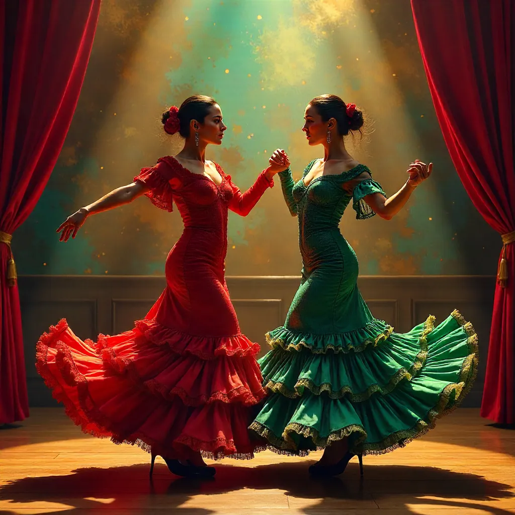 Vibrant Flamenco Dancers in Colorful Stage Backdrop