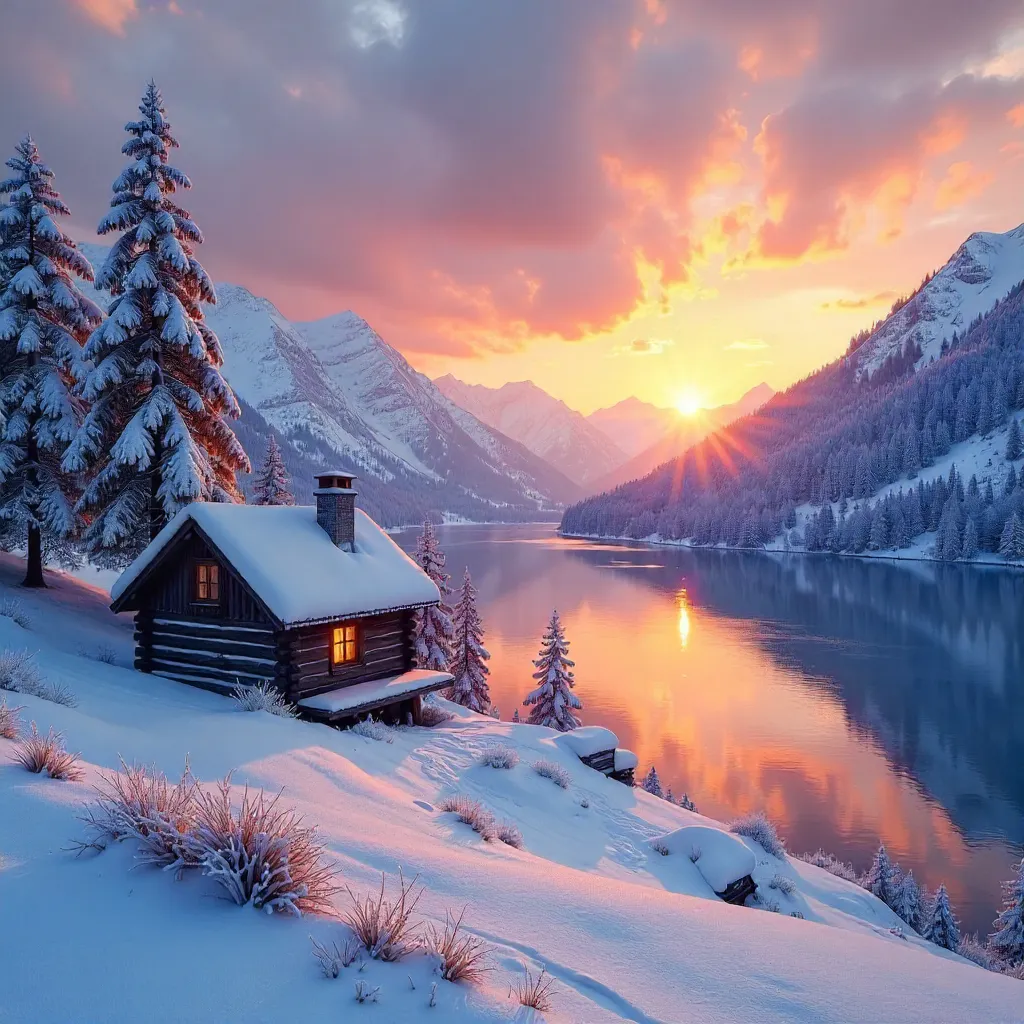 Winter Sunset Over Snowy Valley