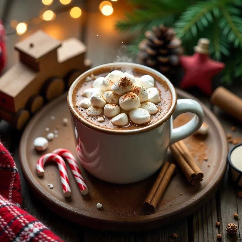 Cozy Festive Flat Lay: Cocoa, Marshmallows & Toys
