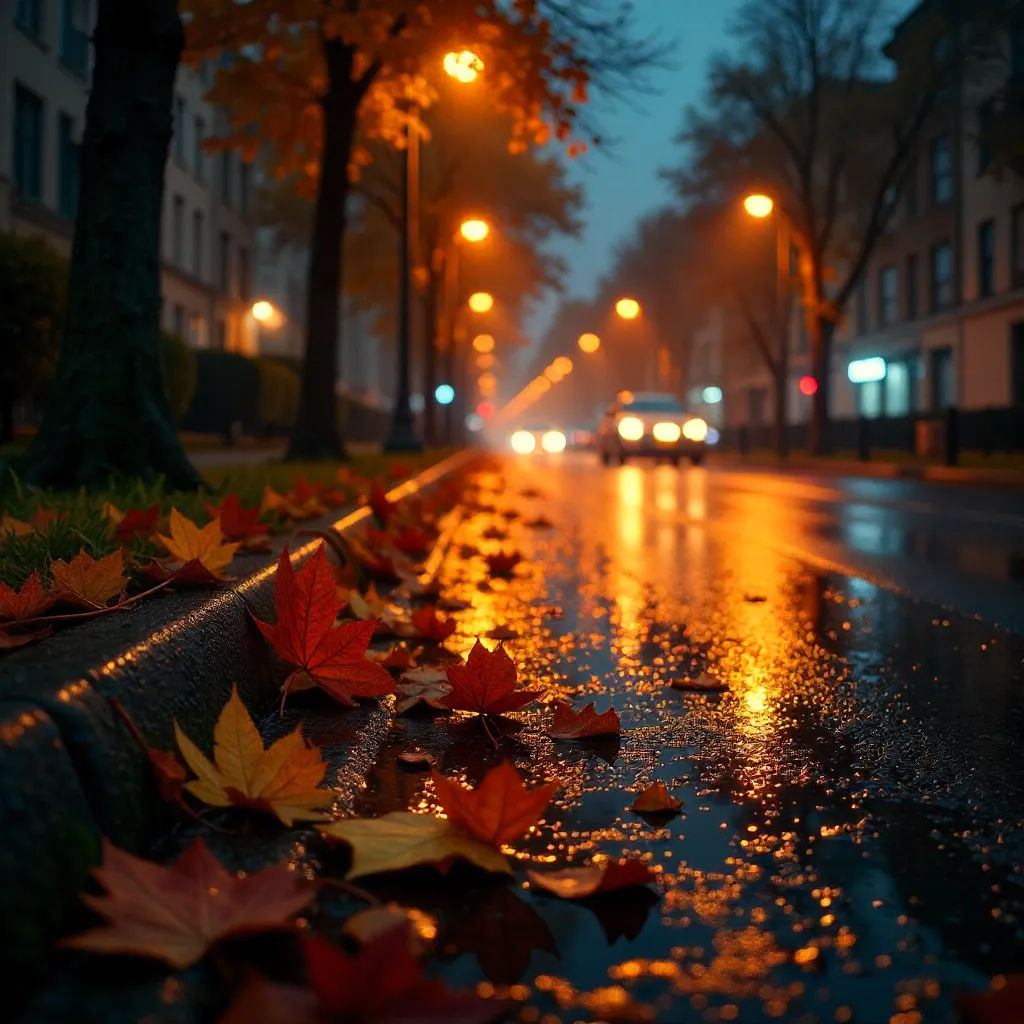 Moody Rainlit Lamps Reflected in Autumn Leaves