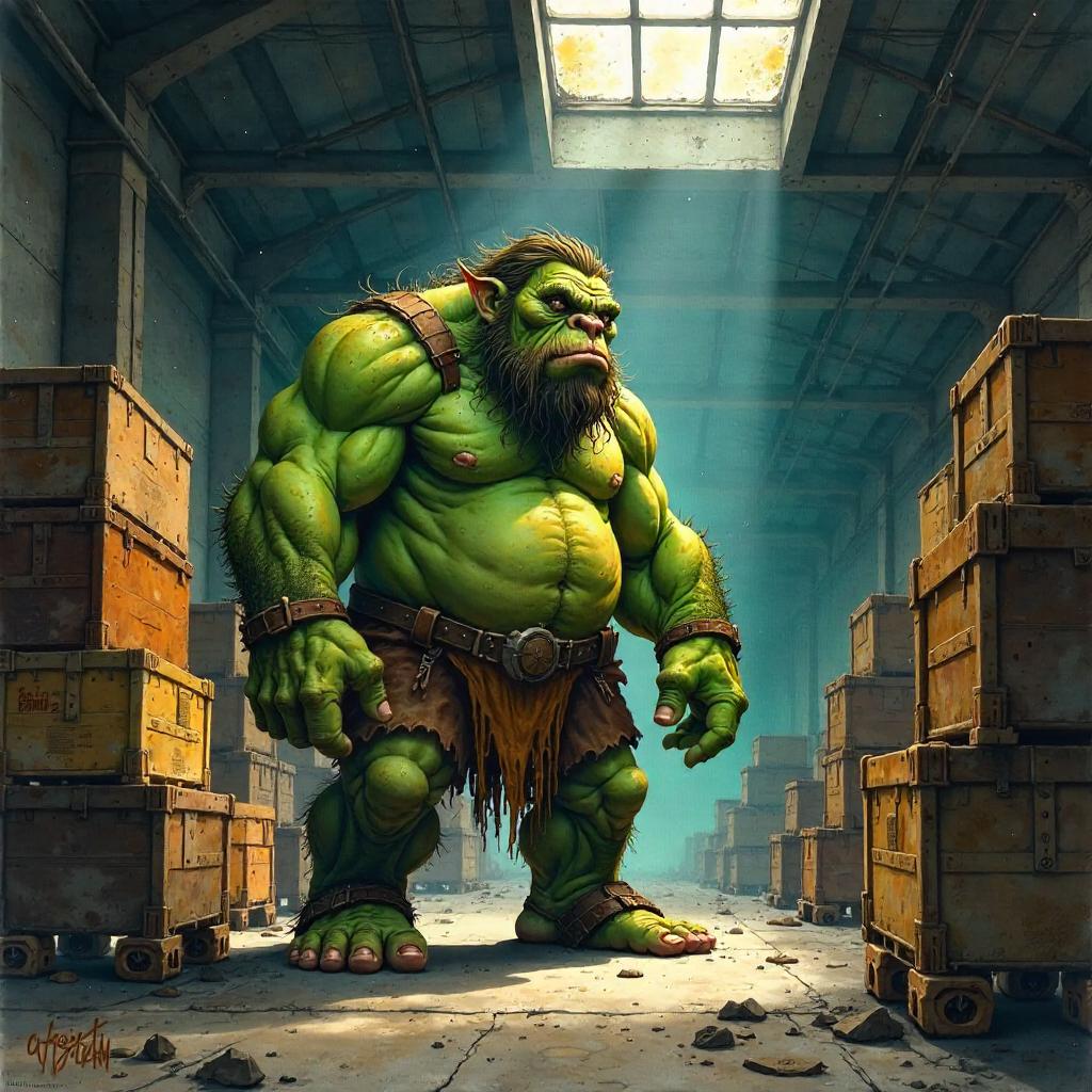 Watercolor Troll in a Dim Warehouse