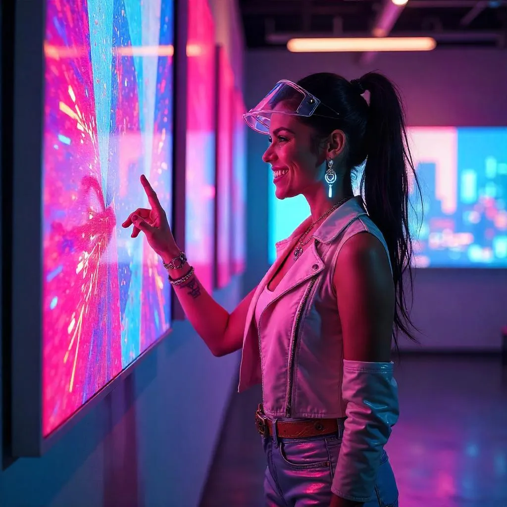 Neon-Glow Latina in a Cyberpunk Gallery