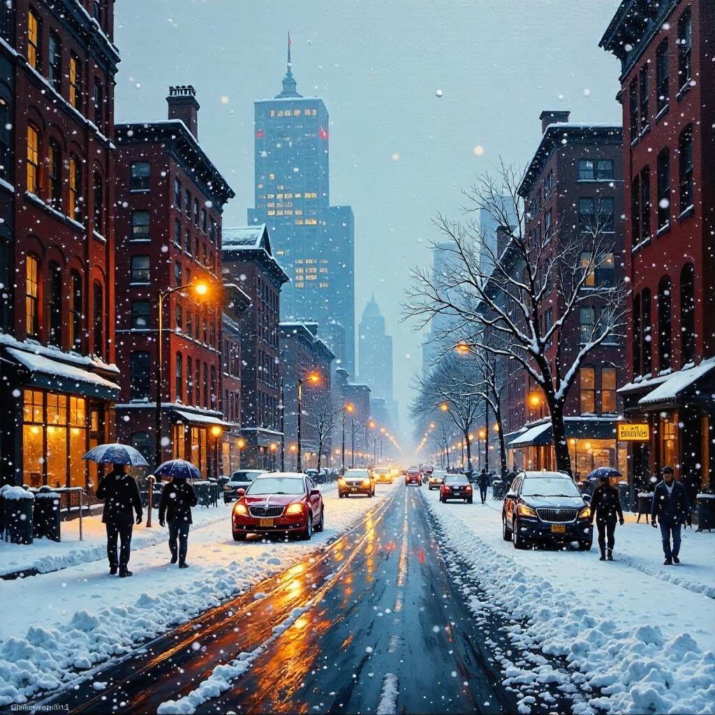 Blizzard Over the City in Oil Impasto